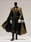Royal Prince Costume Men, Black and Gold Military Suit, Fantasy King Outfit, Regal Noble Tunic with Embroidered Cape and Epaulets