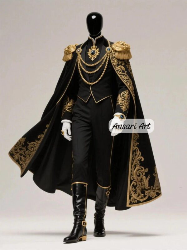 Royal Prince Costume Men, Black and Gold Military Suit, Fantasy King Outfit, Regal Noble Tunic with Embroidered Cape and Epaulets