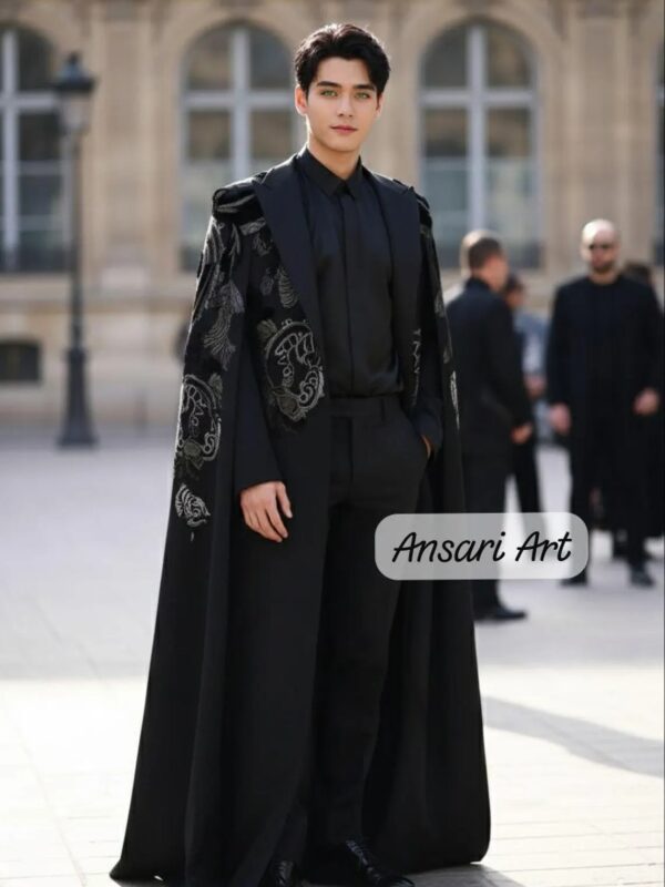 Luxury Black Embroidered Cape for Men, Handmade Gothic Baroque Long Coat, Designer Wedding & Statement Outerwear