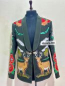 Men Green 2Pc Customized Nudie Suit Floral, Birds & Swamp Deer Embroidery Rhinestones | Retro Western Cocktail, Groom, Prom, Wedding Outfit