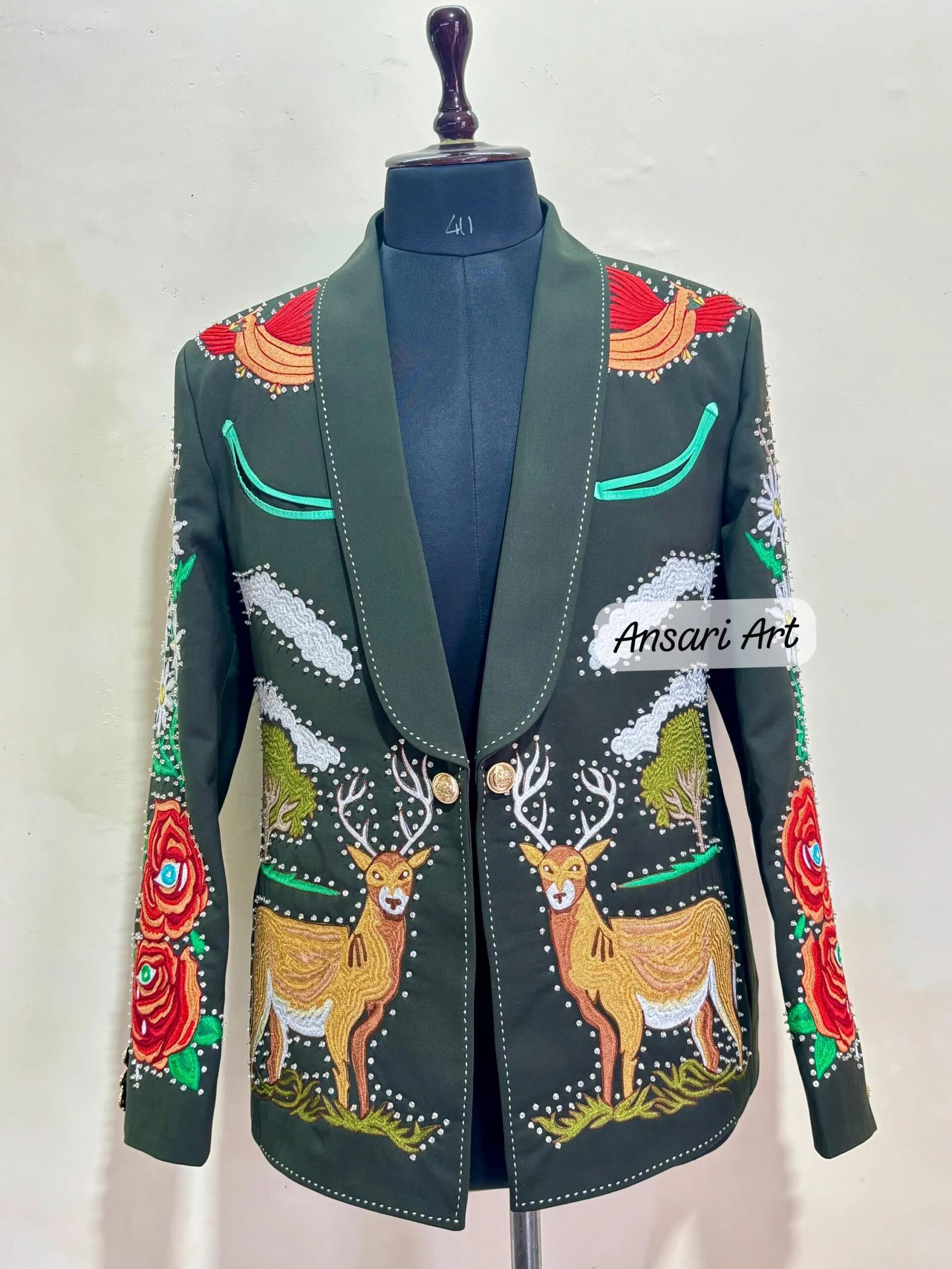 Men Green 2Pc Customized Nudie Suit Floral, Birds & Swamp Deer Embroidery Rhinestones | Retro Western Cocktail, Groom, Prom, Wedding Outfit