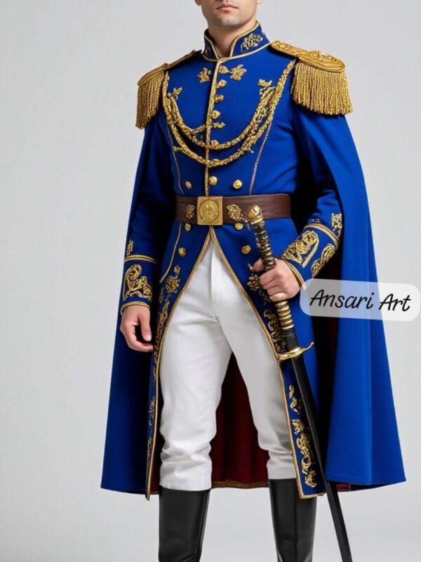 Royal Blue Military Officer Long Coat with Gold Embroidery and Cape | Luxury Ceremonial Uniform Costume for Events and Stage Event Set
