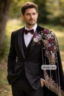Men’s 3-Piece Black Suit with Embroidered Velvet Cape, Gold Floral Gothic Wedding Suit, Luxury Royal Formal Wear