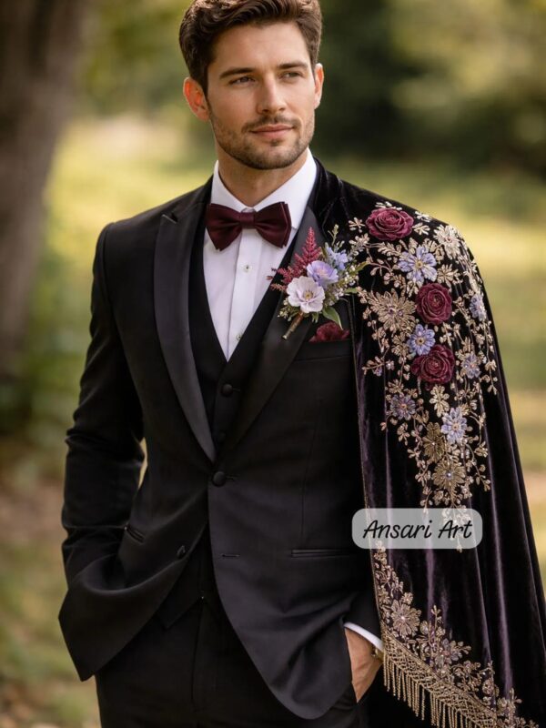 Men’s 3-Piece Black Suit with Embroidered Velvet Cape, Gold Floral Gothic Wedding Suit, Luxury Royal Formal Wear
