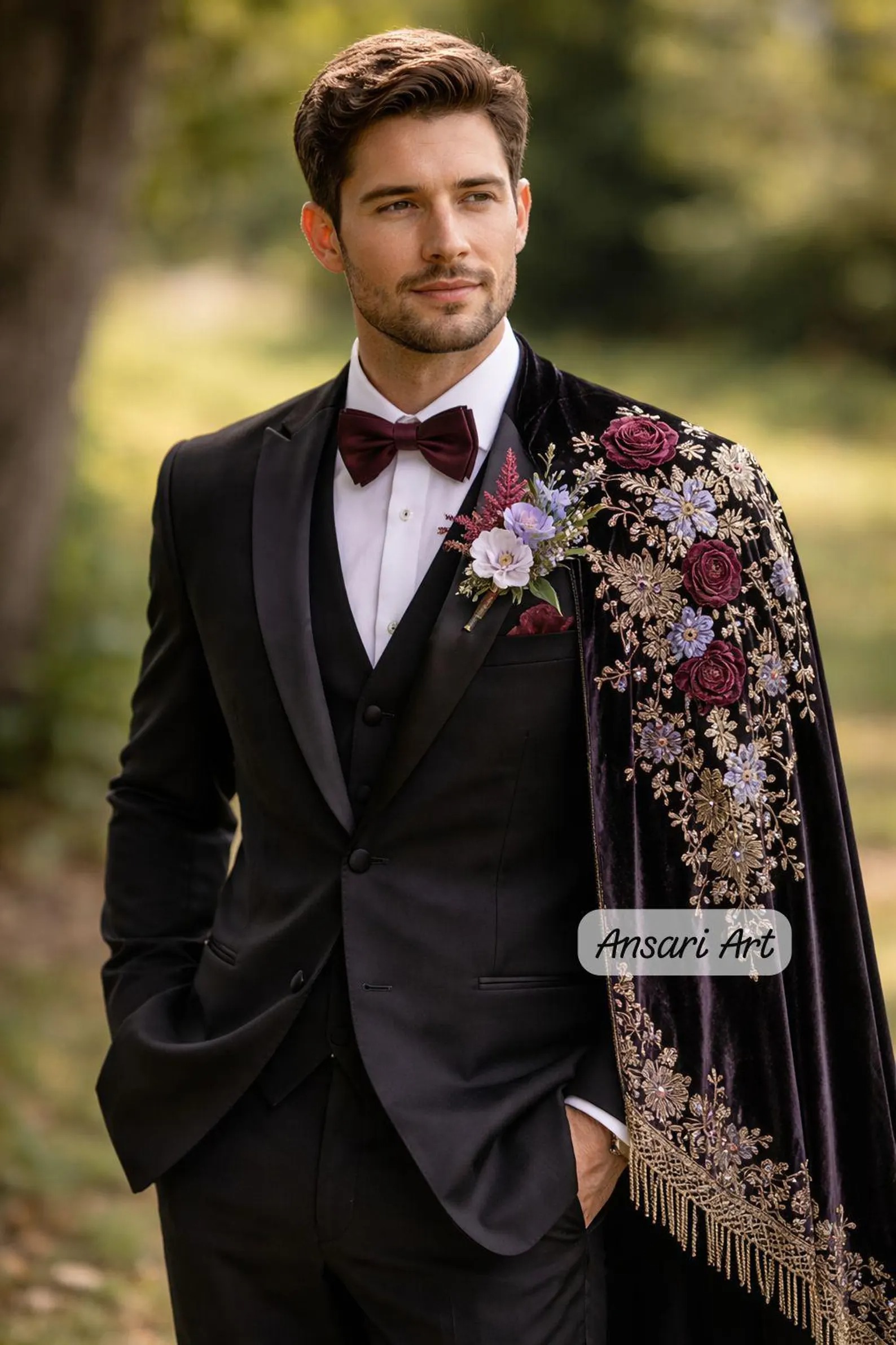 Men’s 3-Piece Black Suit with Embroidered Velvet Cape, Gold Floral Gothic Wedding Suit, Luxury Royal Formal Wear