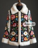 Unisex 2Pc Hand Embroidered Floral Jacket with Faux Fur Trim | Folk Art Winter Coat Set Country Western Nudie Prom Parties Wedding Outfit