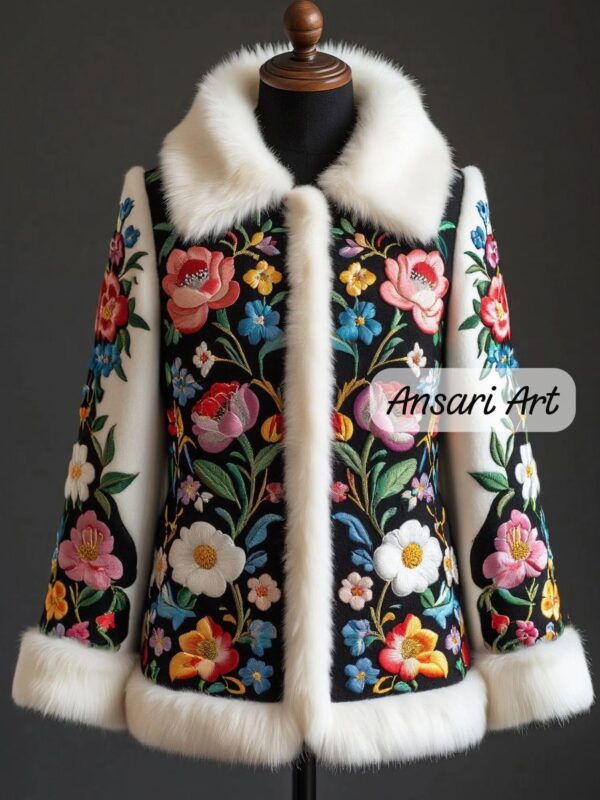 Unisex 2Pc Hand Embroidered Floral Jacket with Faux Fur Trim | Folk Art Winter Coat Set Country Western Nudie Prom Parties Wedding Outfit
