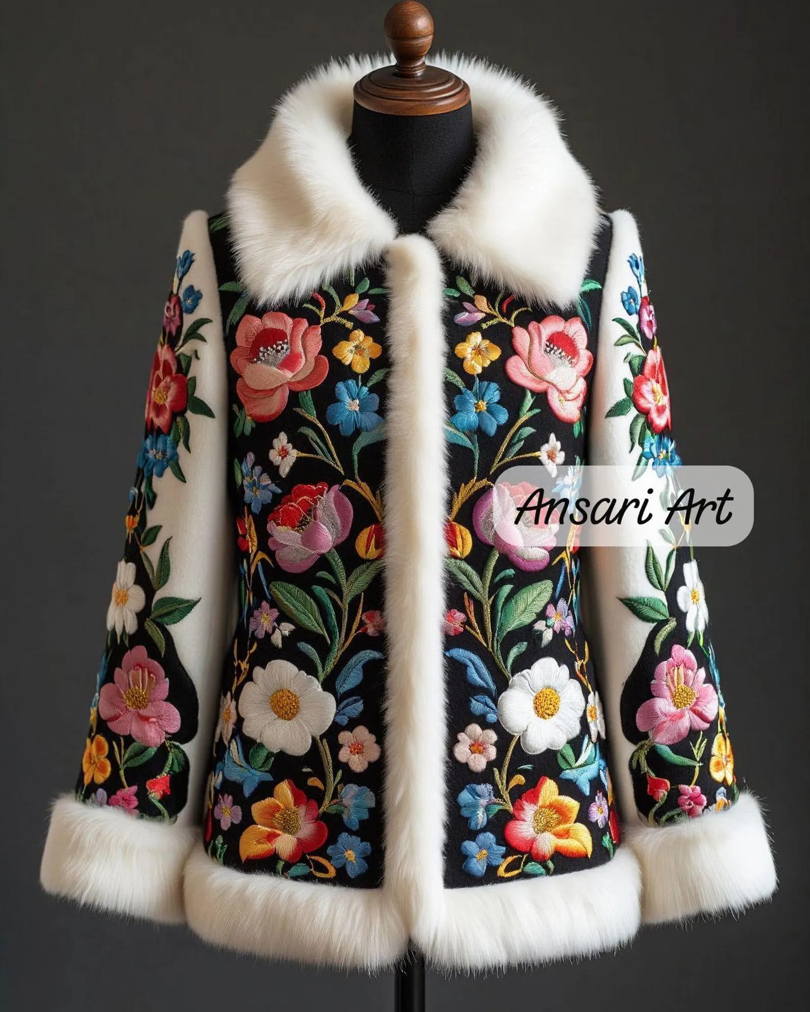 Unisex 2Pc Hand Embroidered Floral Jacket with Faux Fur Trim | Folk Art Winter Coat Set Country Western Nudie Prom Parties Wedding Outfit