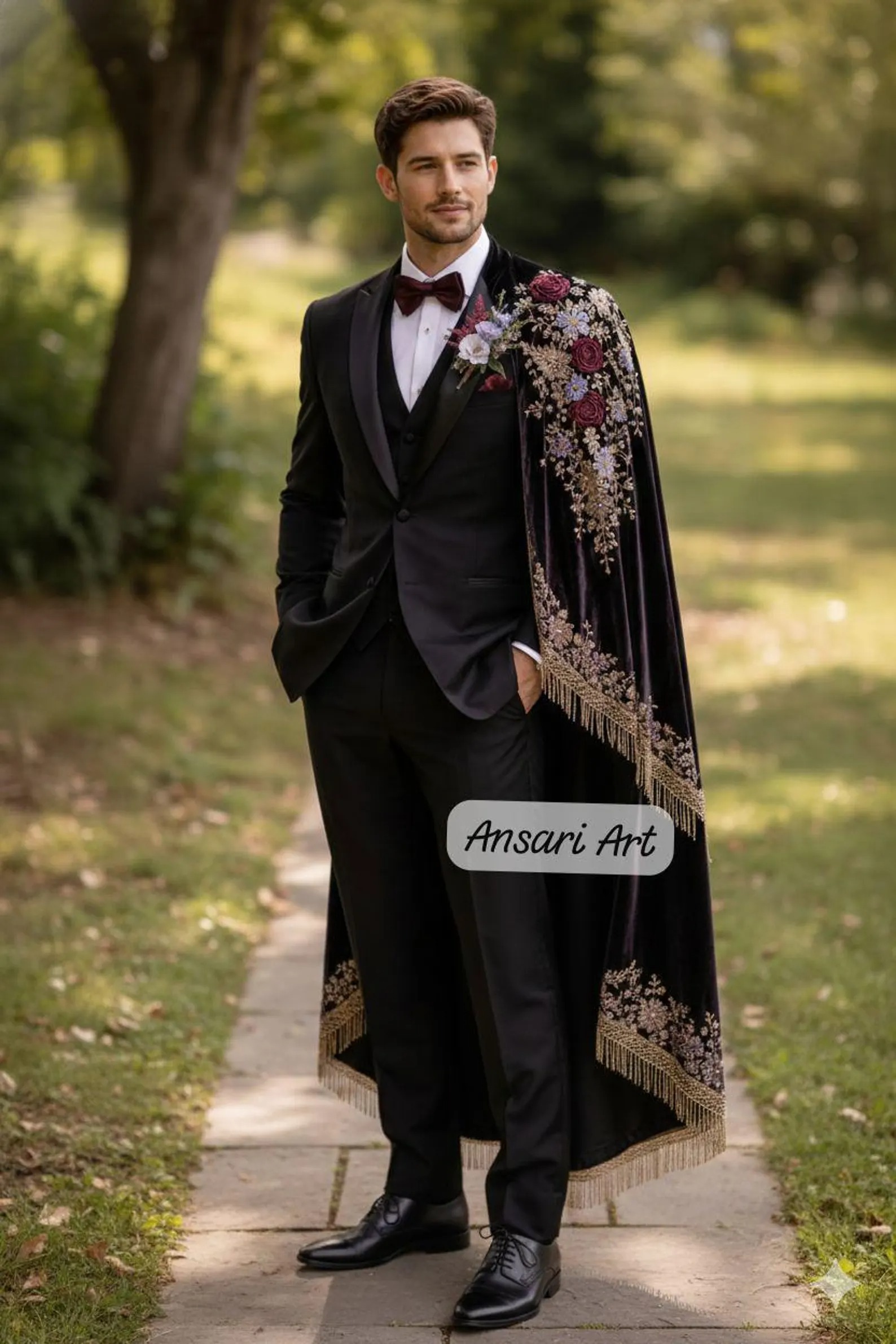 Men’s 3-Piece Black Suit with Embroidered Velvet Cape, Gold Floral Gothic Wedding Suit, Luxury Royal Formal Wear - Image 3