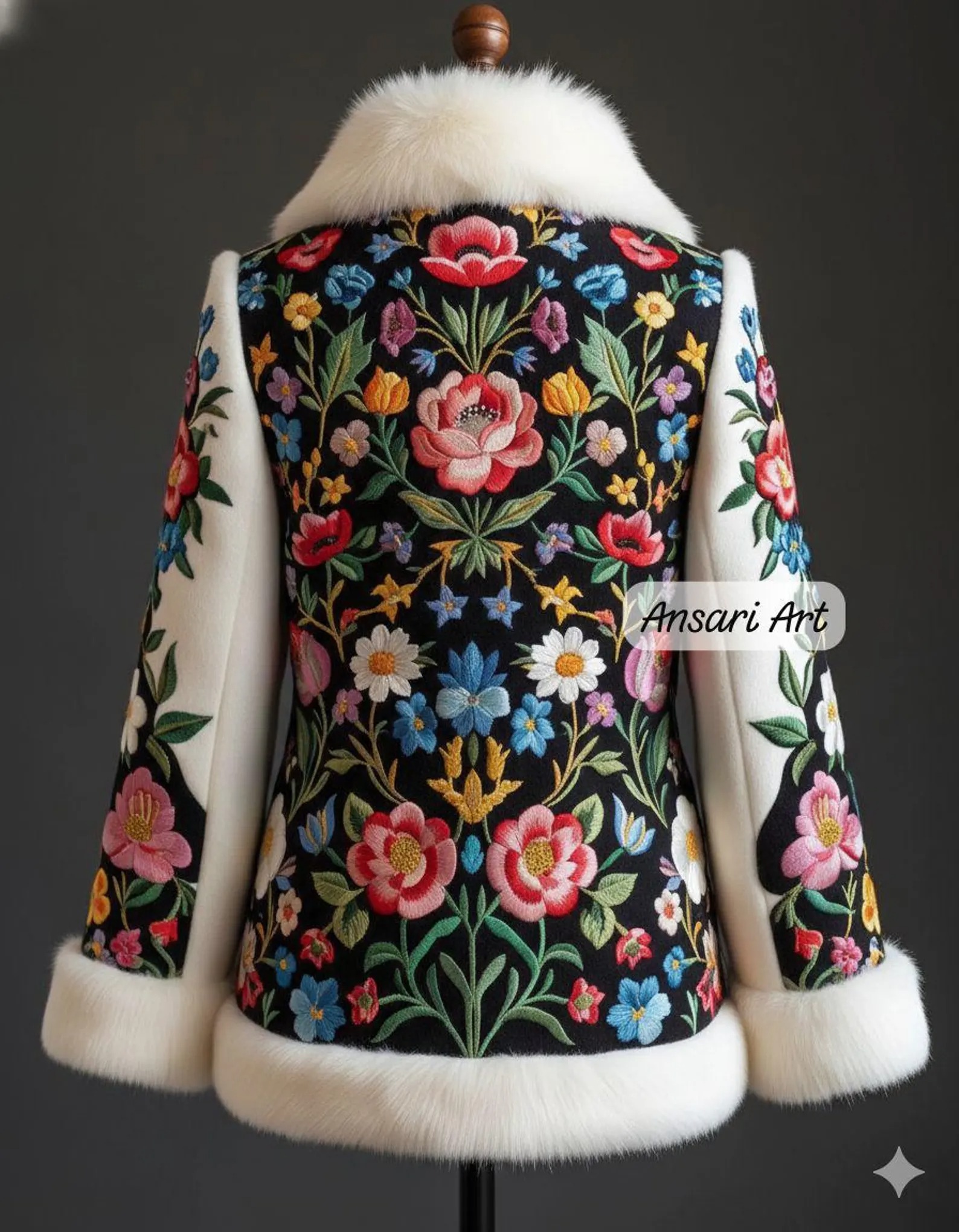 Unisex 2Pc Hand Embroidered Floral Jacket with Faux Fur Trim | Folk Art Winter Coat Set Country Western Nudie Prom Parties Wedding Outfit - Image 2