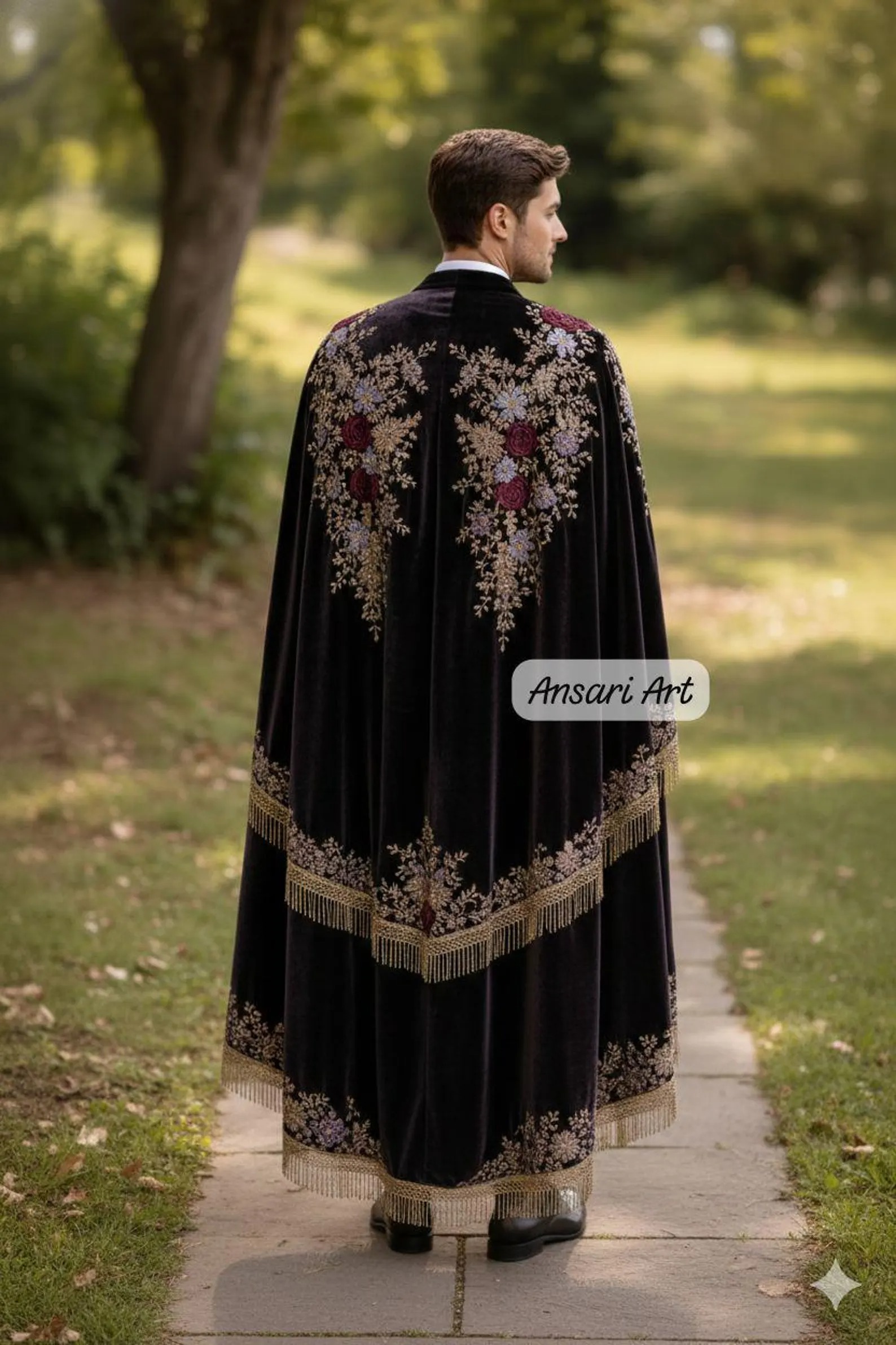 Men’s 3-Piece Black Suit with Embroidered Velvet Cape, Gold Floral Gothic Wedding Suit, Luxury Royal Formal Wear - Image 2