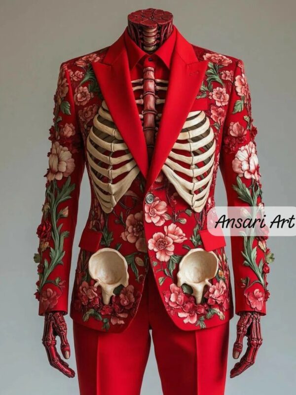 Men 2Pc Red Skeleton Floral Embroidered Suit for Men | Cowboy Country Western Gothic Jacket | Nudie Retro Cocktail Prom Party Wedding Attire