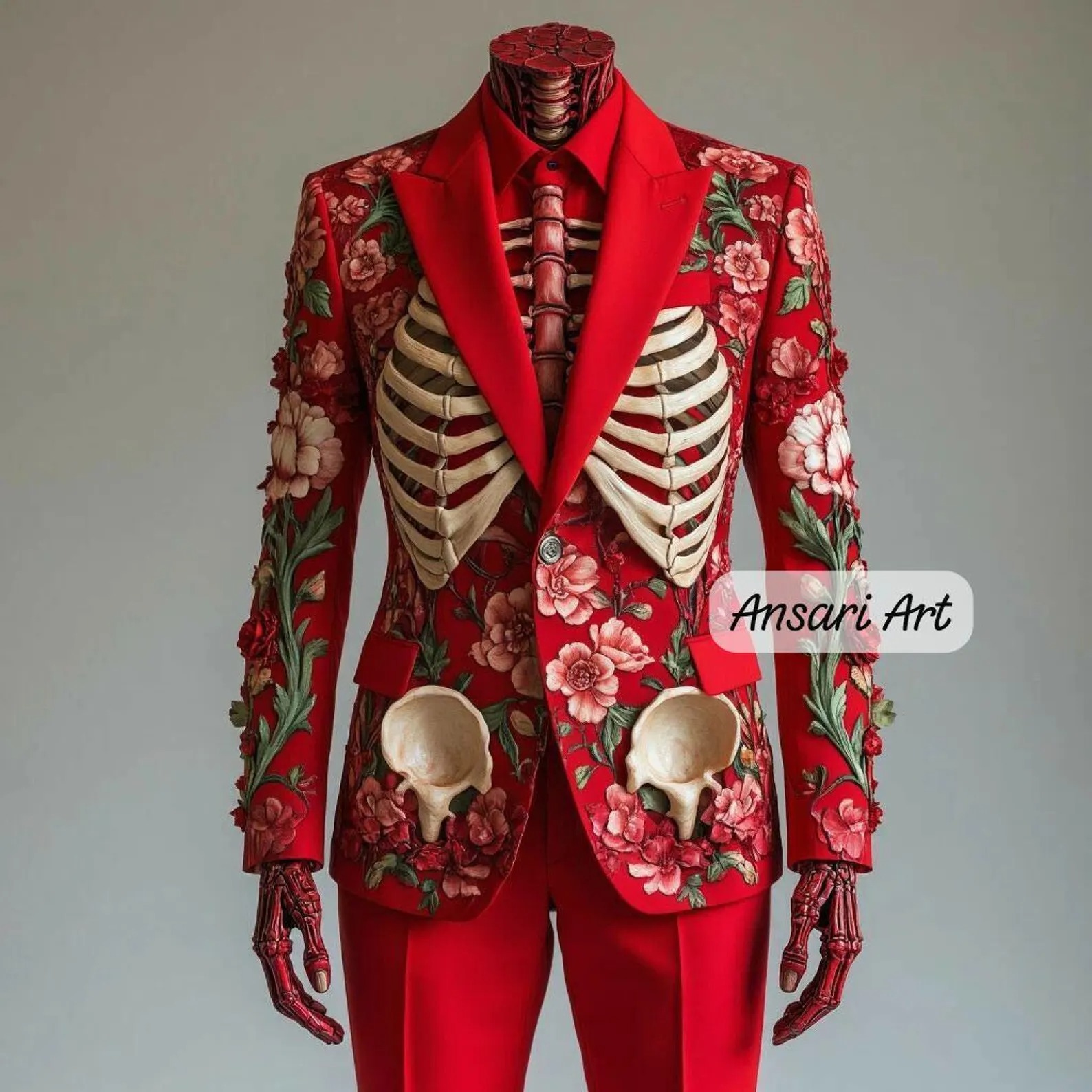 Men 2Pc Red Skeleton Floral Embroidered Suit for Men | Cowboy Country Western Gothic Jacket | Nudie Retro Cocktail Prom Party Wedding Attire