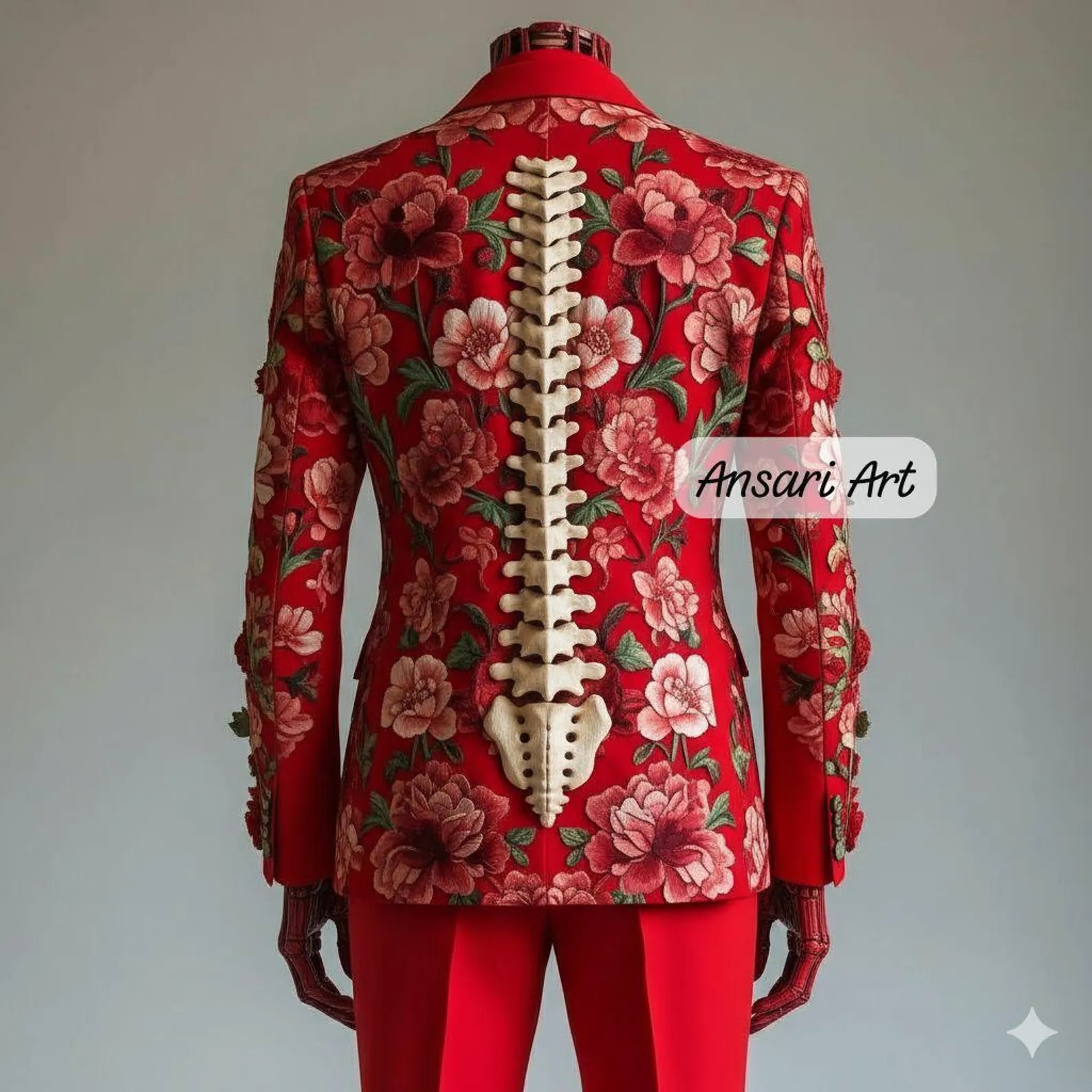Men 2Pc Red Skeleton Floral Embroidered Suit for Men | Cowboy Country Western Gothic Jacket | Nudie Retro Cocktail Prom Party Wedding Attire - Image 2
