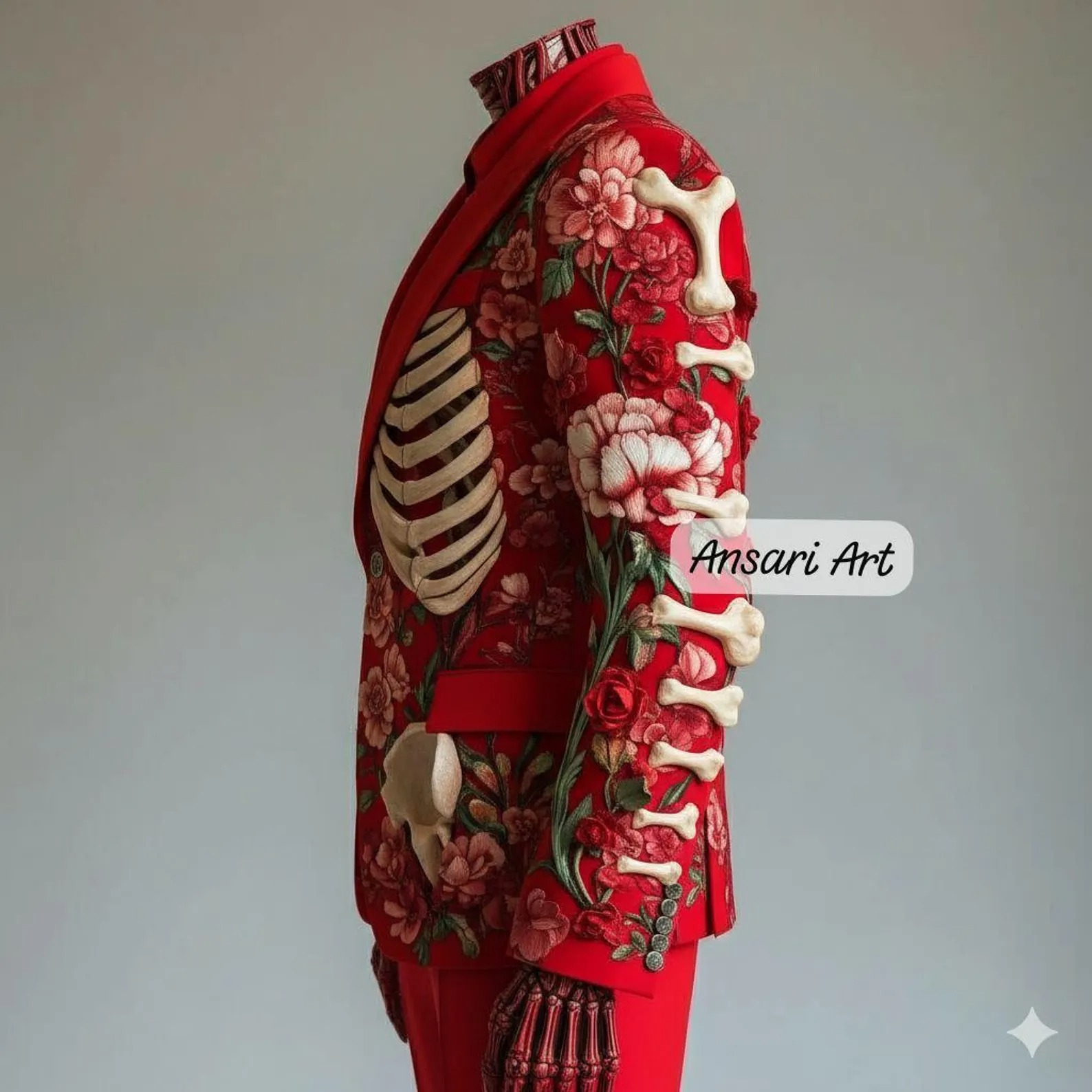 Men 2Pc Red Skeleton Floral Embroidered Suit for Men | Cowboy Country Western Gothic Jacket | Nudie Retro Cocktail Prom Party Wedding Attire - Image 4