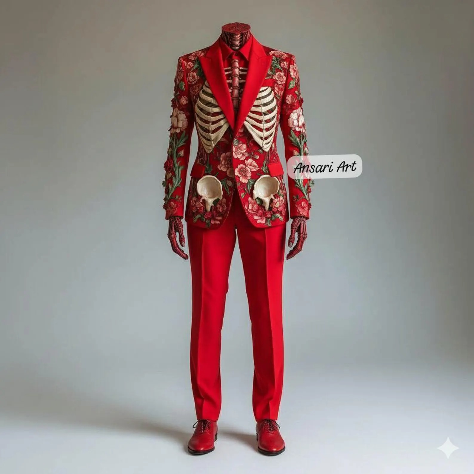 Men 2Pc Red Skeleton Floral Embroidered Suit for Men | Cowboy Country Western Gothic Jacket | Nudie Retro Cocktail Prom Party Wedding Attire - Image 3