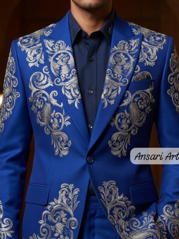 Men’s 2PC Royal Blue Embroidered Paisley Suit – Custom Country Western Nudie Style, Vintage Cowboy Groom Wedding Cocktail Party Outfit