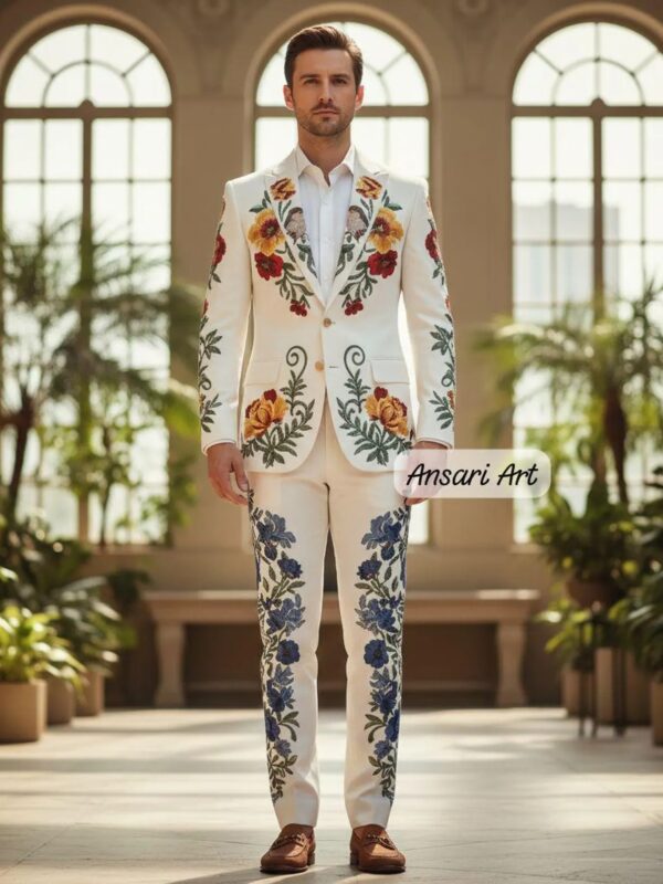 Men’s White Floral Embroidered Suit 2PC – Custom Wedding Groom Outfit, Vintage Botanical Party Wear Country Western Cowboy Cocktail Outfit
