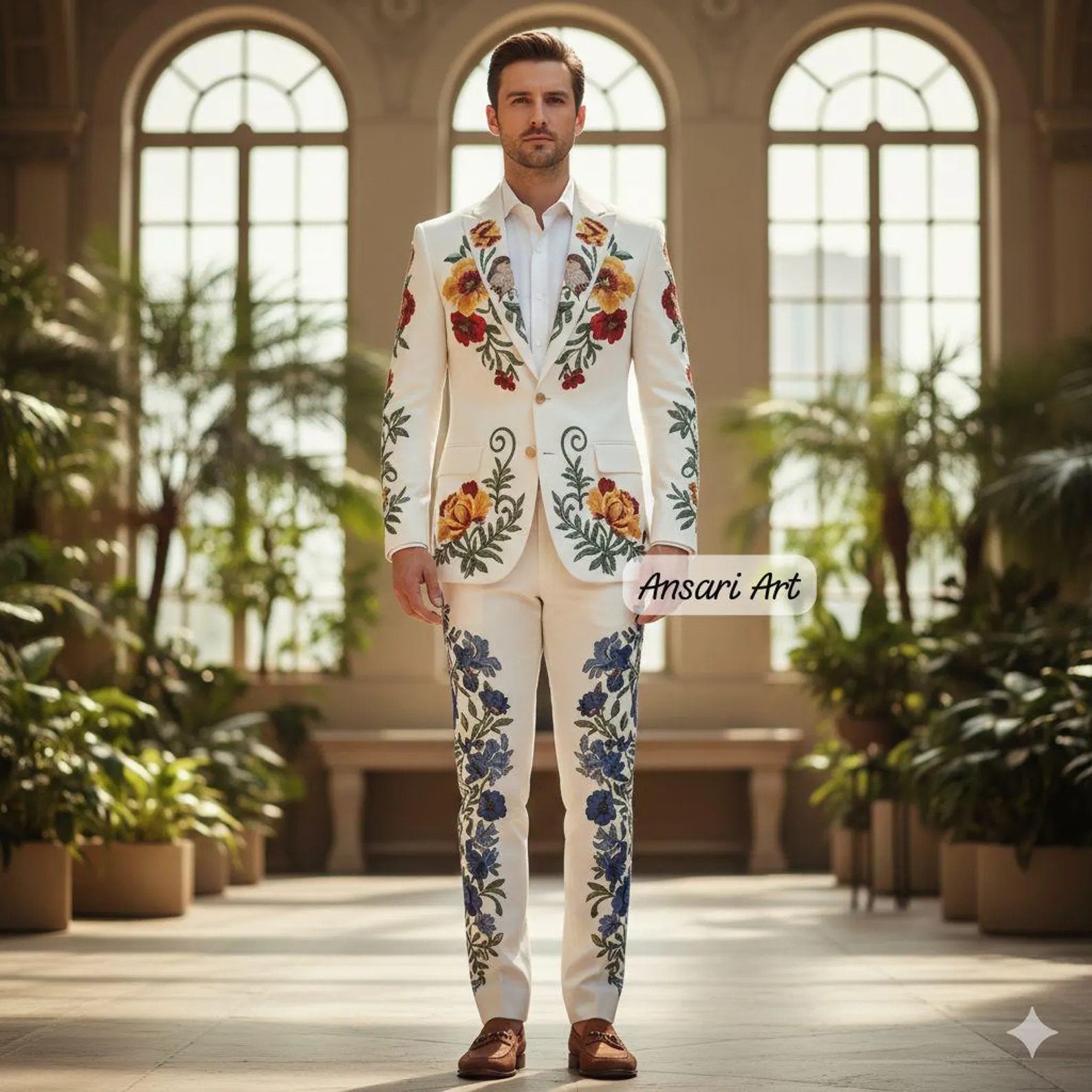 Men’s White Floral Embroidered Suit 2PC – Custom Wedding Groom Outfit, Vintage Botanical Party Wear Country Western Cowboy Cocktail Outfit