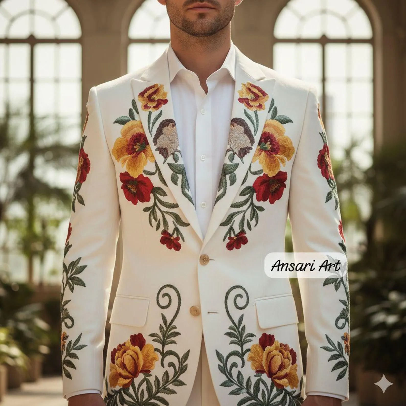 Men’s White Floral Embroidered Suit 2PC – Custom Wedding Groom Outfit, Vintage Botanical Party Wear Country Western Cowboy Cocktail Outfit - Image 3