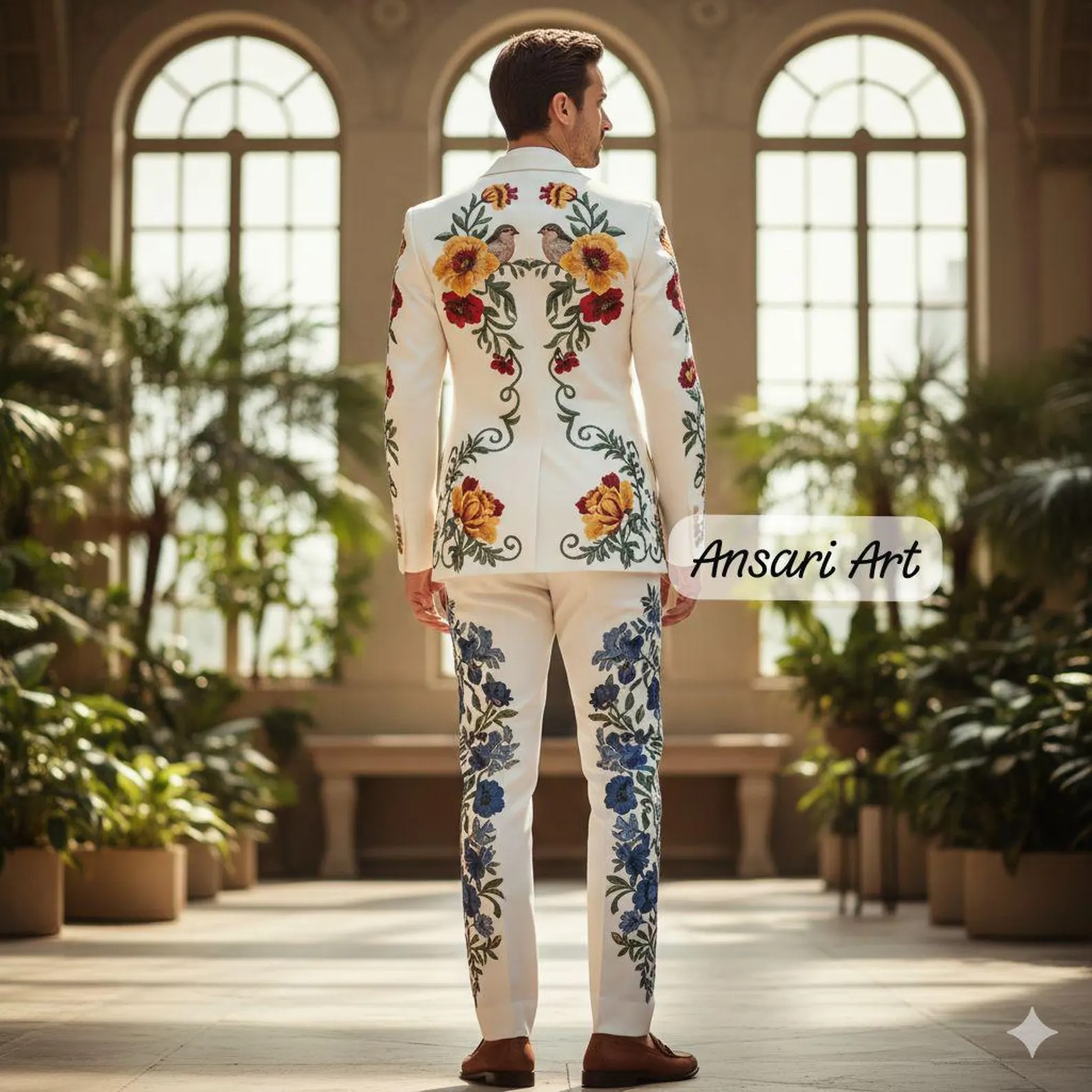 Men’s White Floral Embroidered Suit 2PC – Custom Wedding Groom Outfit, Vintage Botanical Party Wear Country Western Cowboy Cocktail Outfit - Image 2