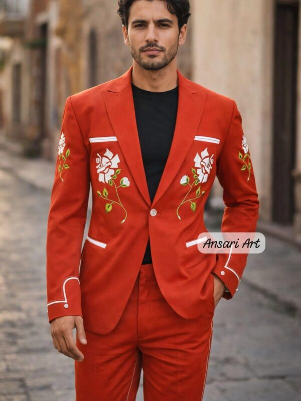 Burnt Orange 2Pc Western Suit for Men Custom Hand Embroidered Floral Nudie Suit Terracotta Cowboy Wedding Outfit Rose Embroidery Blazer Pant