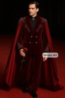 Men 3Pc Burgundy Velvet Cape Suit for Men, Luxury Handmade Statement Tuxedo, Royal Wedding & Red Carpet Cloak Outfit