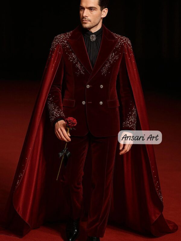 Men 3Pc Burgundy Velvet Cape Suit for Men, Luxury Handmade Statement Tuxedo, Royal Wedding & Red Carpet Cloak Outfit