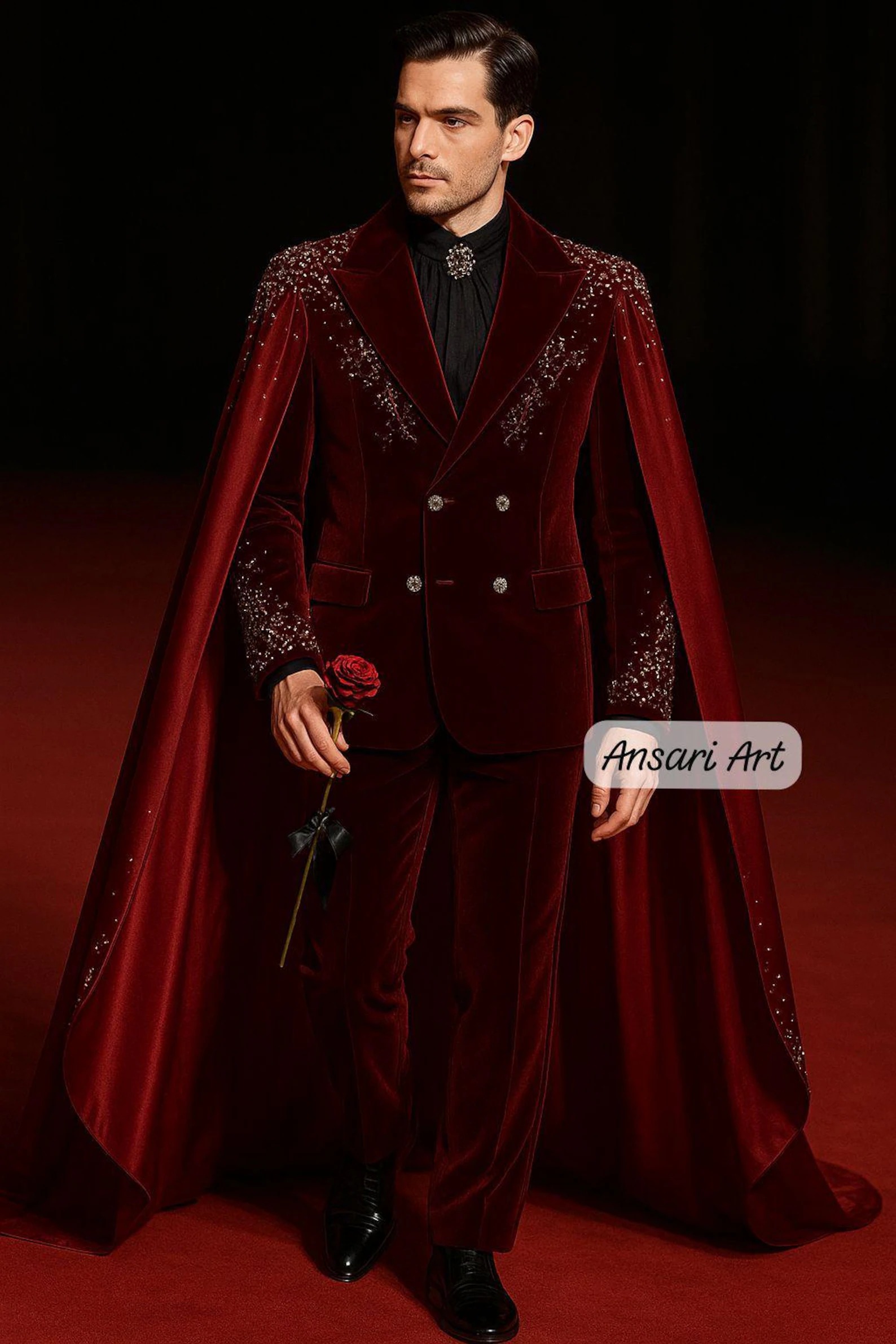 Men 3Pc Burgundy Velvet Cape Suit for Men, Luxury Handmade Statement Tuxedo, Royal Wedding & Red Carpet Cloak Outfit