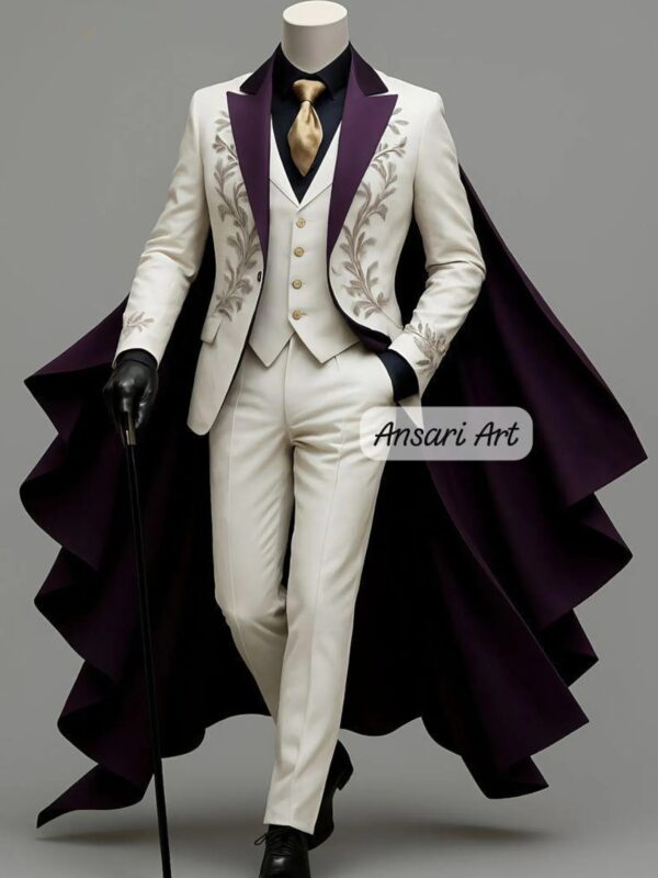 White Groom Suit with Purple Detachable Cape | Custom Gold Embroidered Tuxedo | Regal Royal Wedding Attire | Prom Statement Outfit