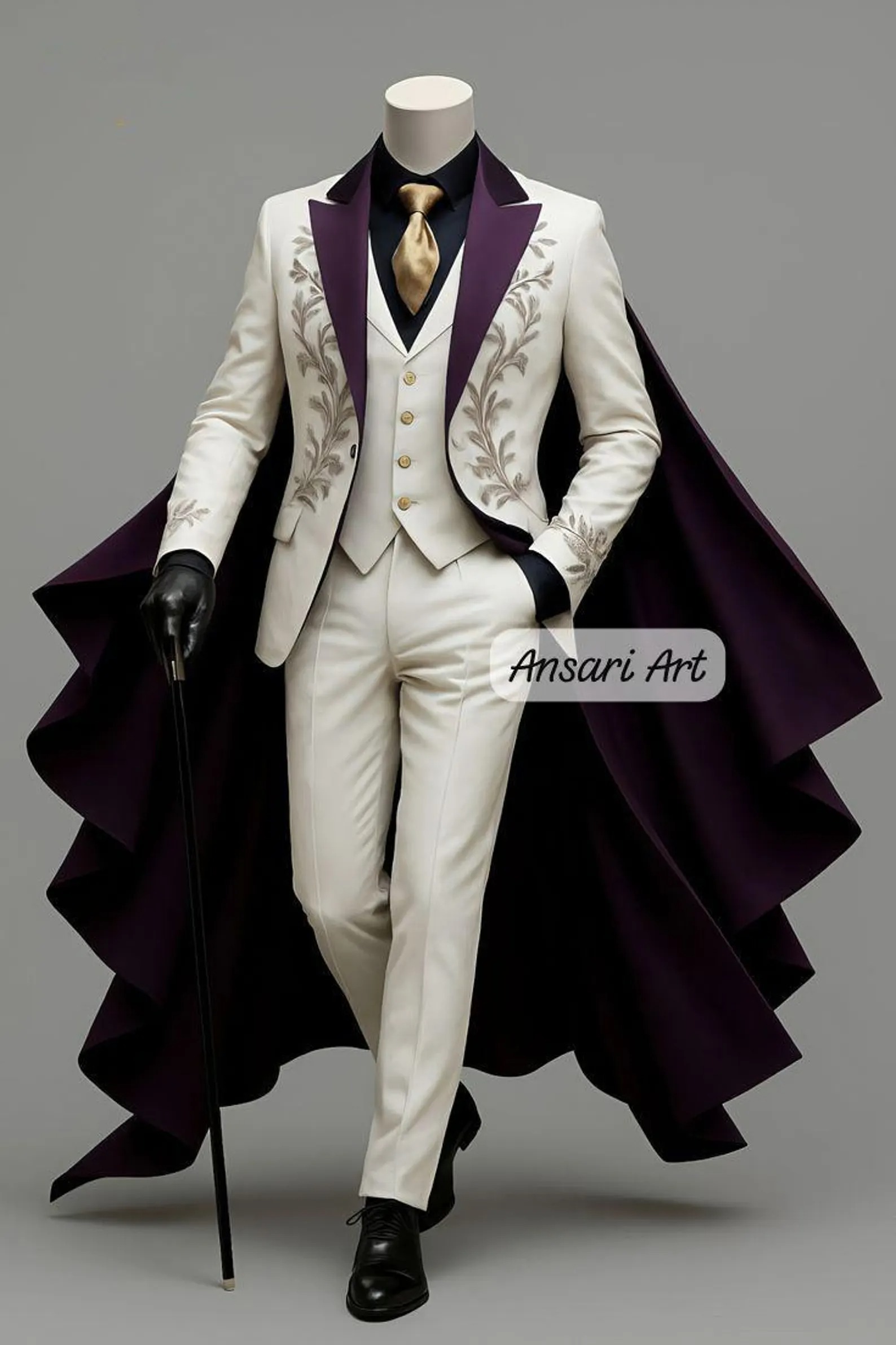 White Groom Suit with Purple Detachable Cape | Custom Gold Embroidered Tuxedo | Regal Royal Wedding Attire | Prom Statement Outfit