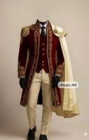 Men's Royal Prince Suit, Gold Embroidered Maroon Wedding Suit for Groom, 3 Piece Frock Coat with Detachable Cape, Regal Fantasy Groom swear