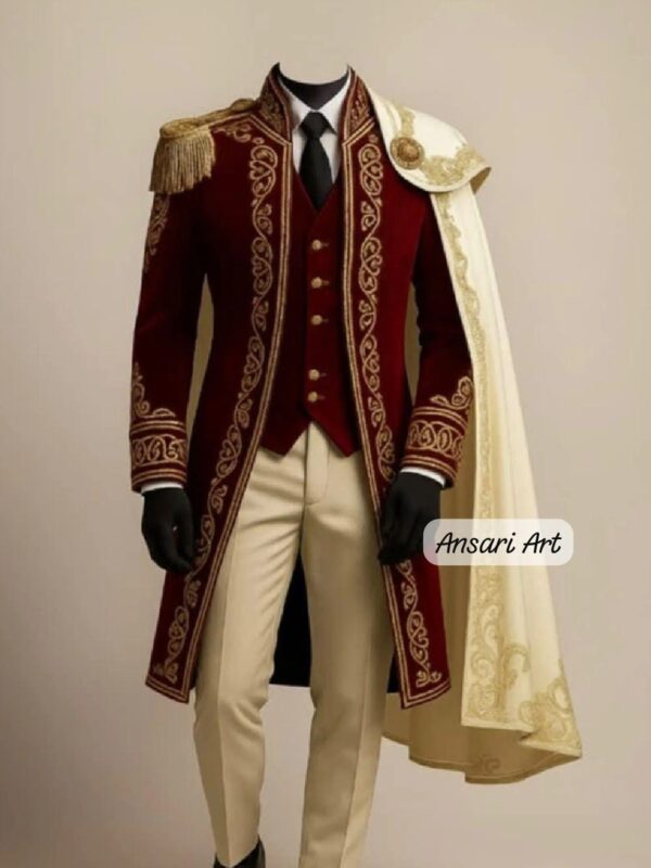 Men's Royal Prince Suit, Gold Embroidered Maroon Wedding Suit for Groom, 3 Piece Frock Coat with Detachable Cape, Regal Fantasy Groom swear