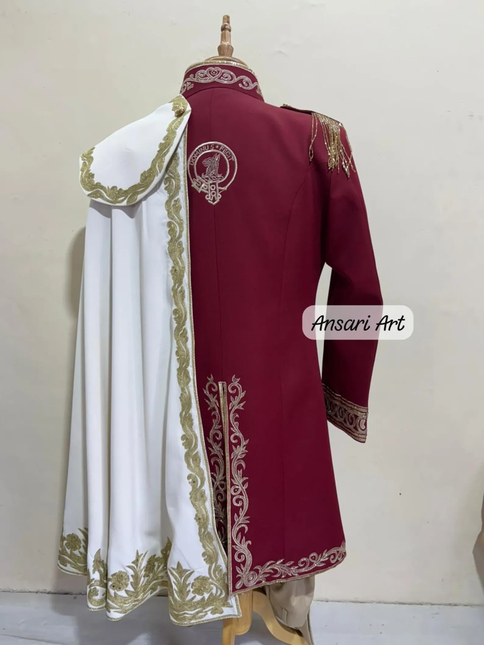 Men's Royal Prince Suit, Gold Embroidered Maroon Wedding Suit for Groom, 3 Piece Frock Coat with Detachable Cape, Regal Fantasy Groom swear - Image 6