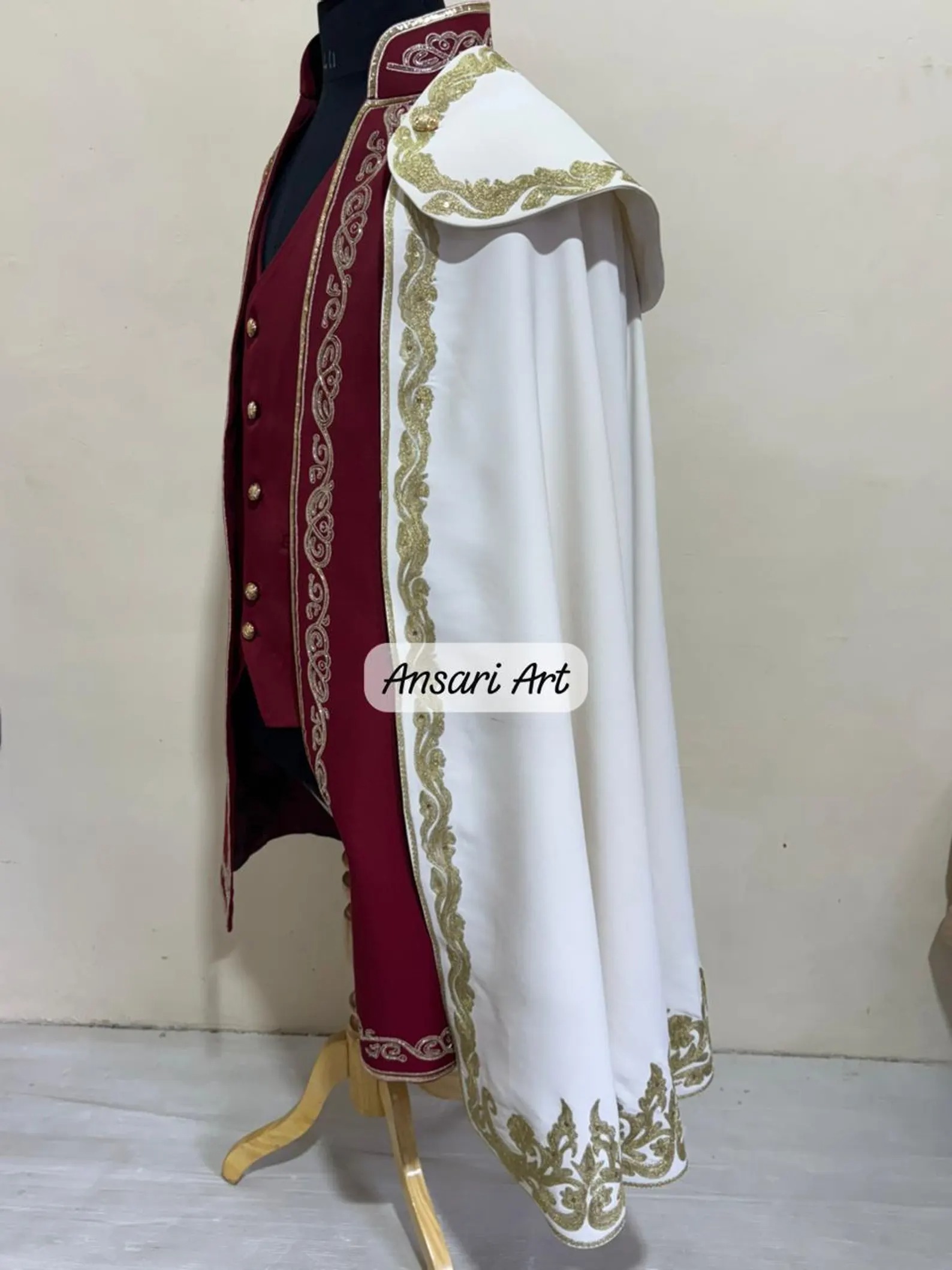 Men's Royal Prince Suit, Gold Embroidered Maroon Wedding Suit for Groom, 3 Piece Frock Coat with Detachable Cape, Regal Fantasy Groom swear - Image 4