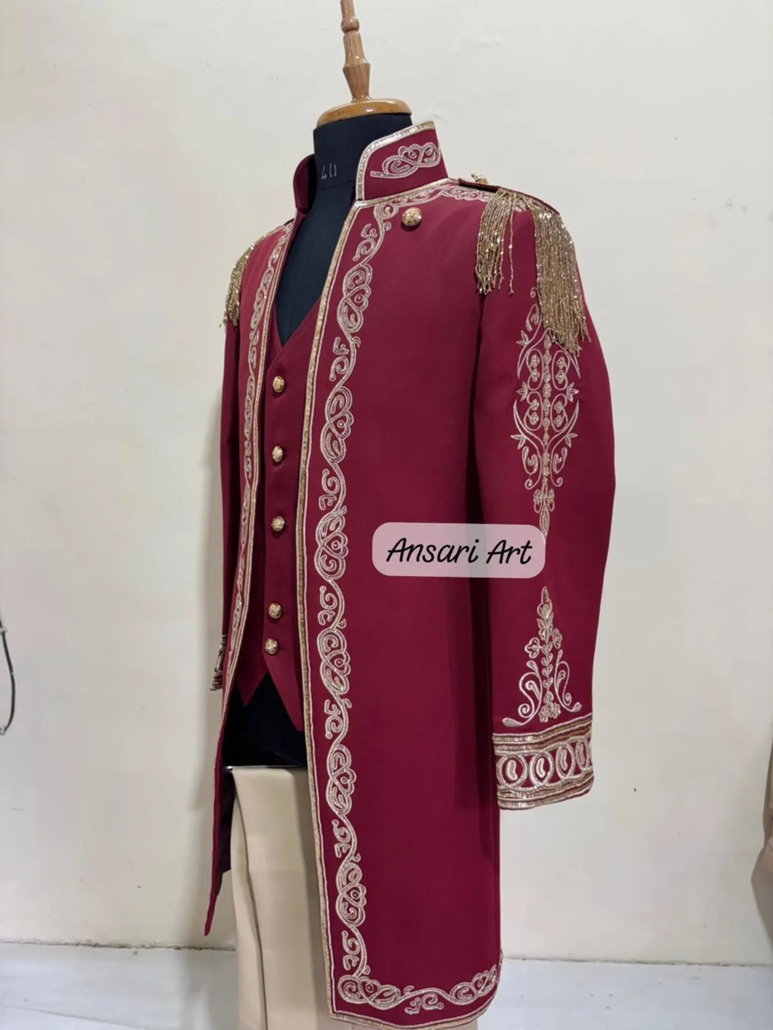 Men's Royal Prince Suit, Gold Embroidered Maroon Wedding Suit for Groom, 3 Piece Frock Coat with Detachable Cape, Regal Fantasy Groom swear - Image 5