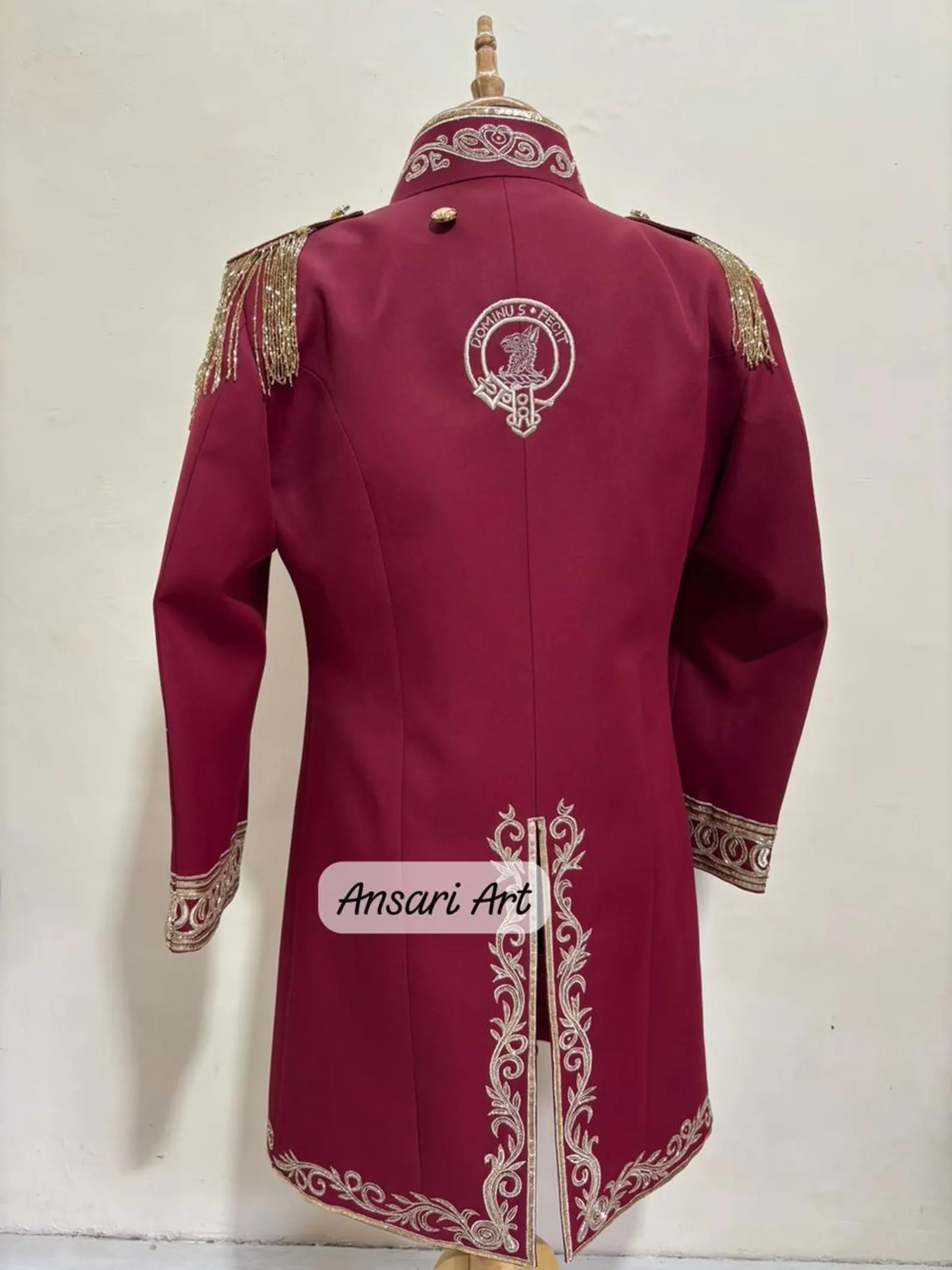 Men's Royal Prince Suit, Gold Embroidered Maroon Wedding Suit for Groom, 3 Piece Frock Coat with Detachable Cape, Regal Fantasy Groom swear - Image 3