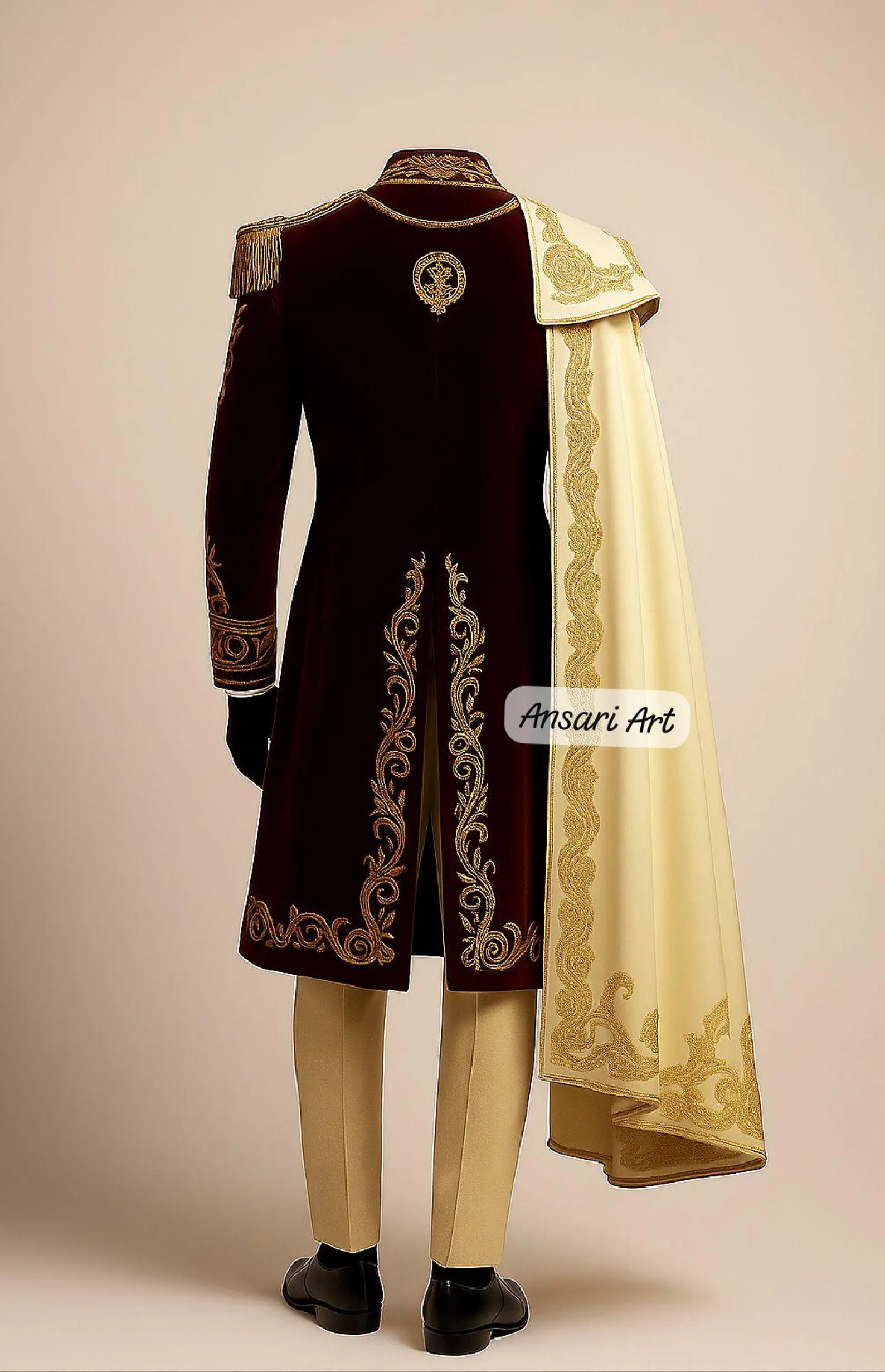 Men's Royal Prince Suit, Gold Embroidered Maroon Wedding Suit for Groom, 3 Piece Frock Coat with Detachable Cape, Regal Fantasy Groom swear - Image 2