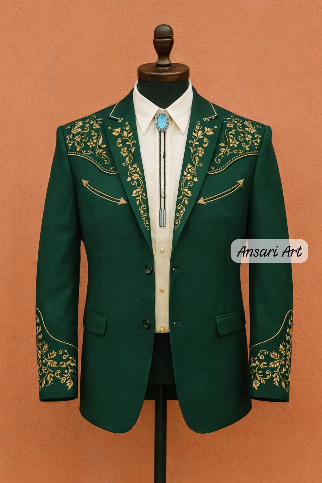 Men 2Pc Forest Green Custom Embroidered Cowboy Floral Western Nudie Suit | Retro Wedding Groom Prom Party Outfit - Image 2