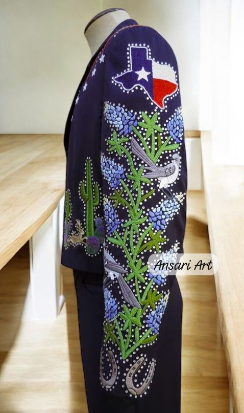 Men Blue 2Pc Vintage Western Suit Cactus Leaf Embroidered with Rhinestones A Retro-Inspired Cowboy Suit for Weddings Prom and Special Events - Image 3