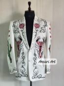 Men’s 2PC White Embroidered Suit | Scorpion & Bull Art Jacket with Crystal Work | Custom Western Blazer | Statement Designer Suit
