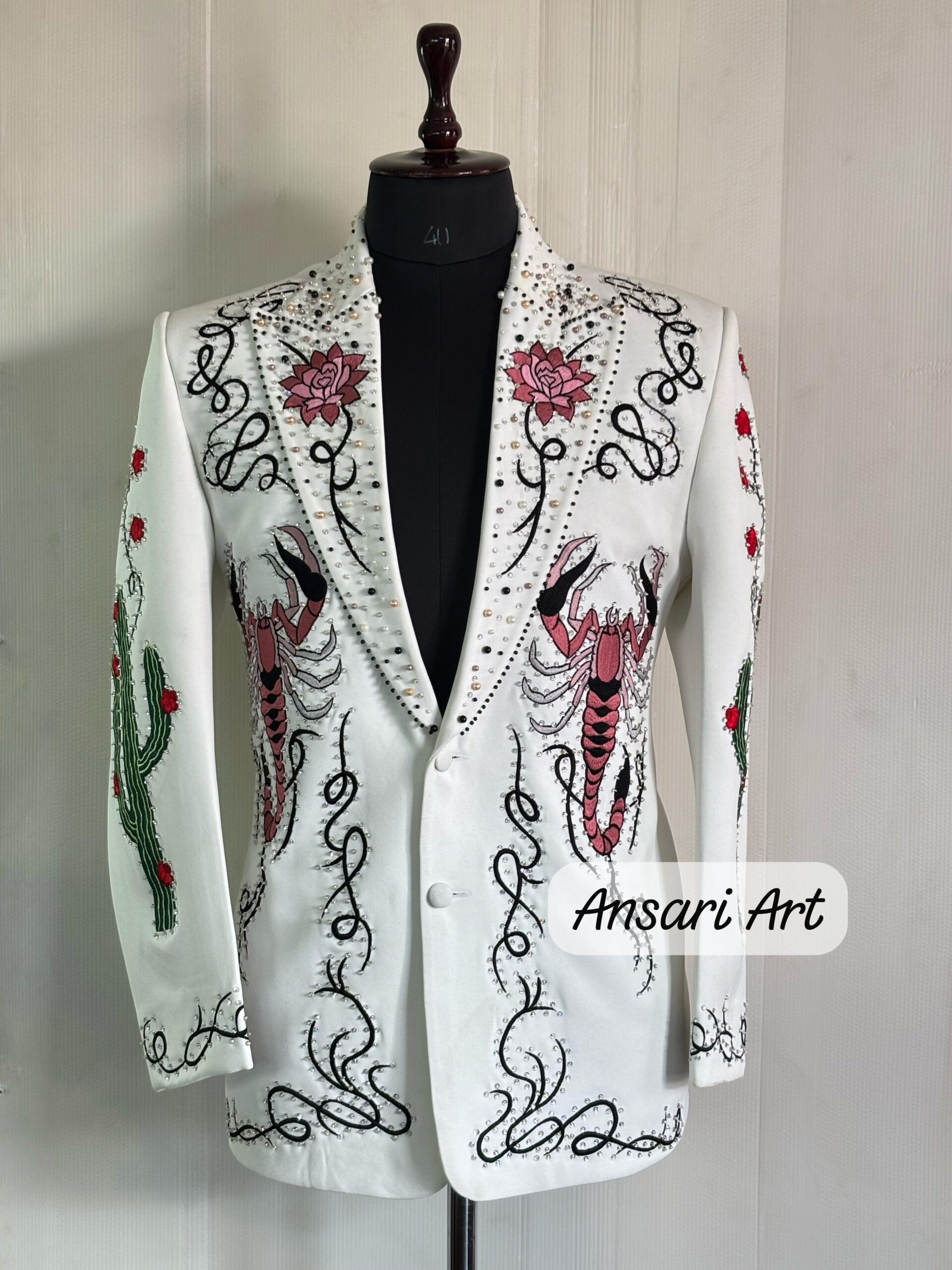 Men’s 2PC White Embroidered Suit | Scorpion & Bull Art Jacket with Crystal Work | Custom Western Blazer | Statement Designer Suit