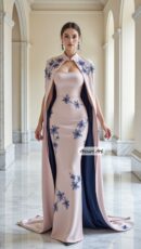 Blush Pink Embroidered Evening Gown with Cape | Floral Hand Embroidery | Luxury Formal Dress