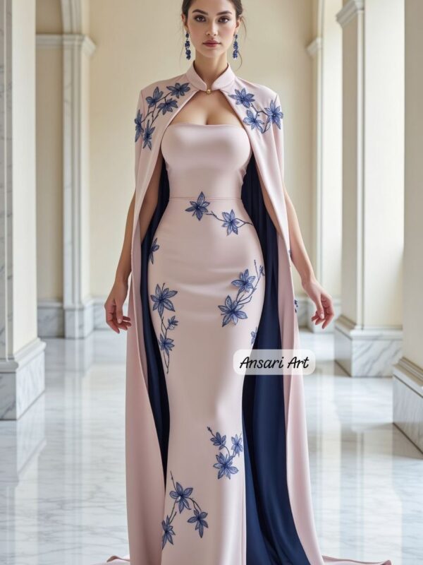 Blush Pink Embroidered Evening Gown with Cape | Floral Hand Embroidery | Luxury Formal Dress