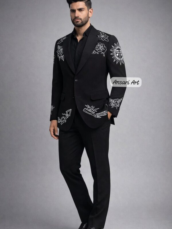 Men 2Pc Black Customized White Embroidered Western Bohemian Vintage Style Unique Prom Boho Wedding Groom Party Event Outfit