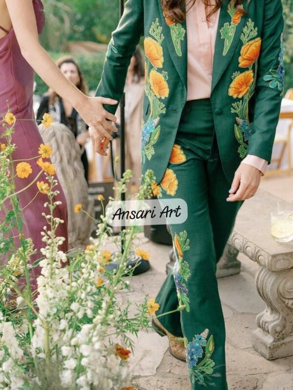Women 2Pc Hand Embroidered Green Floral Suit, Custom Wedding Suit for Women, Nature Inspired Statement Outfit