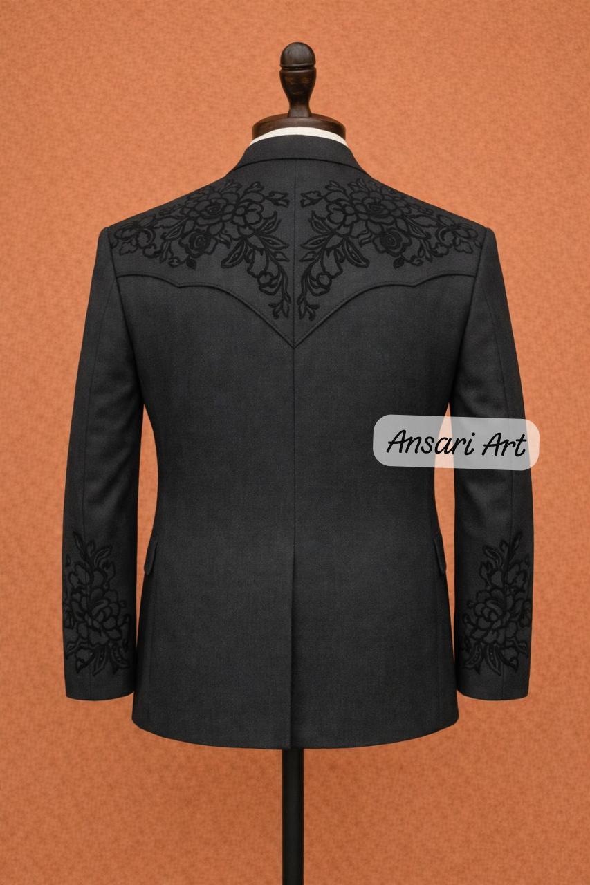 Men Designer 2Pc Deep Charcoal Custom Floral Embroidered Cowboy Western Nudie Suit | Vintage Wedding Groom Outfit - Image 3