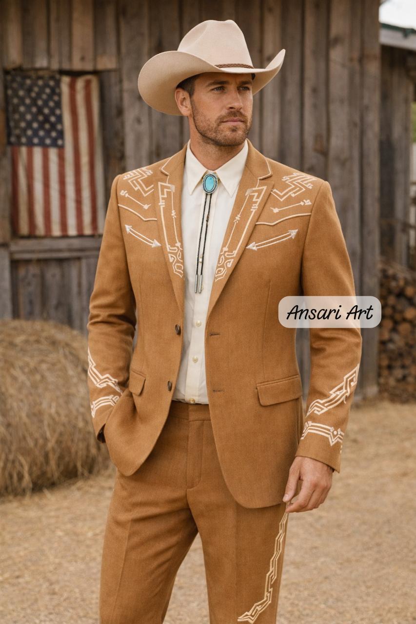 Men 2Pc Tan Custom Embroidered Cowboy Floral Country Western Nudie Suit | Vintage Wedding Groom Outfit Prom Party Set