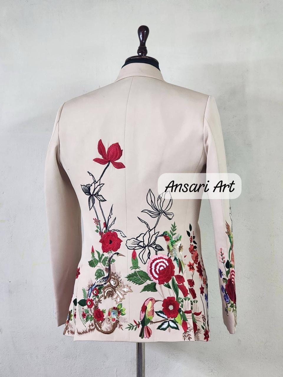 Men Beige 2Pc Bespoke Floral Flower Vines Embroidered Handmade Rhinestone Country Western Suit Retro Tuxedo Cocktail Party Wedding Groom Set - Image 2