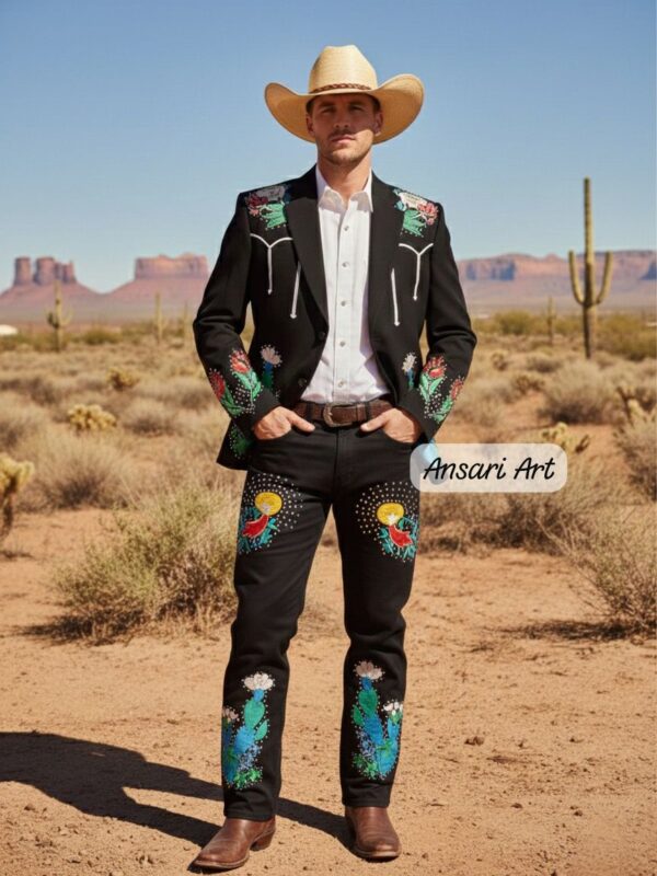 Custom Men Floral Embroidered Western Suit Nudie Style Country Music Stage Outfit Desert Cactus Rose Cowboy Suit Rhinestone Performance Wear